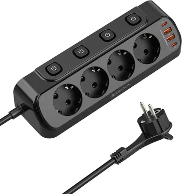 Produktbild von Verteilerleiste mit 4 einzelnen Schaltern – 4 Ecksteckdosen – Wandmontage mit 2 m Kabel