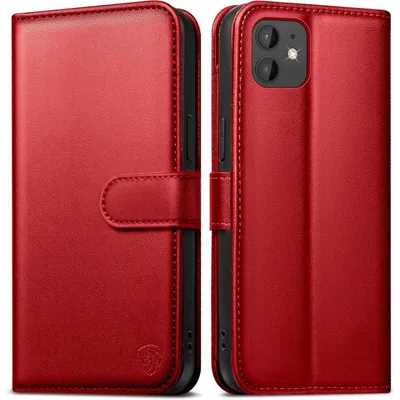 Obrázok produktu pre Puzdro na iPhone 11 s klopkou, s 6 priehradkami na karty, blokovaním RFID, funkciou stojanu, vzhľadom imitujúcim kožu, červená farba