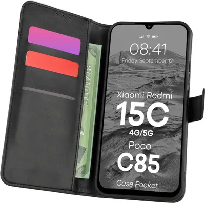 Produktbild von Handyhülle mit Klappe für Xiaomi Redmi 15C 4G/5G / Poco C85, Bizon Case Pocket, Schwarz