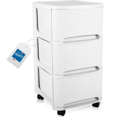 A white plastic rolling cabinet with three drawers, shown against a white background. A tag indicating 'ORIGINE FRANCE' is attached to the side.