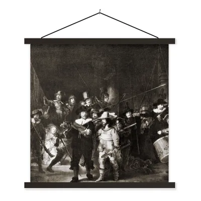 Produktbild von MuchoWow® Textilposter Die Nachtwache in Schwarz und Weiß - Rembrandt van Rijn 120x120 cm mit schwarzem Rahmen - Aufhängungsset