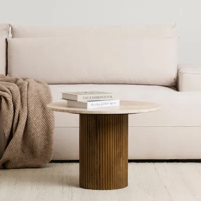 Produktbild von MANDI Couchtisch mit Tischplatte aus Travertin, 60 cm, Braun/Beige - Runder Wohnzimmertisch, Beistelltisch, Clubtisch im modernen Design, Coffee Table mit Marmor Optik, Robuster Travertintisch