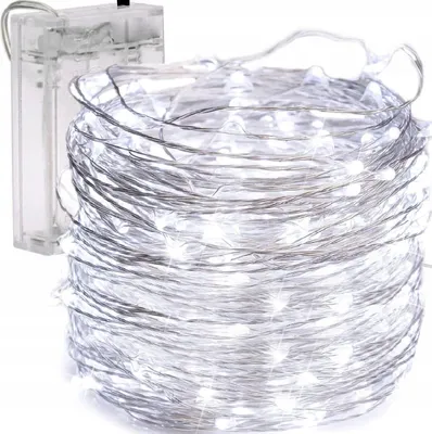 A coil of white LED string lights with a battery pack.