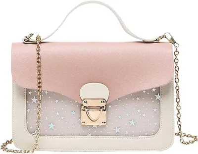 Produktbild von Mini-Schultertasche für Damen, trendige Messenger Bag – mit kleiner, abnehmbarer Kette, Vordertasche mit Druckknopfverschluss, perfekt für kleine Mädchen. (Sterne-Rosa), 21 cm × 4,5 cm × 13 cm