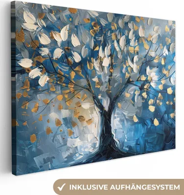 Produktbild von MuchoWow® - Leinwandbilder - Baum - Blau - Gold - Abstrakt, Wandbild, Wanddeko Bilder Wohnzimmer, 80x60 cm