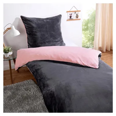Produktbild von Wende-Bettwäsche Set aus Teddy-Flanell für den Winter, kuschelig und warm, Kopfkissen 80x80 cm, Bettdecke 135x200 cm, Geschenkidee für Weihnachten, Rosa