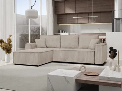 Produktbild von Ecksofa Passio L-Form mit Schlaffunktion Bettkasten Sofa Couch 275 cm Lieferung bis in die Wohnung universelle Ottomane Wohnlandschaft (Poso 02 - cappucino)