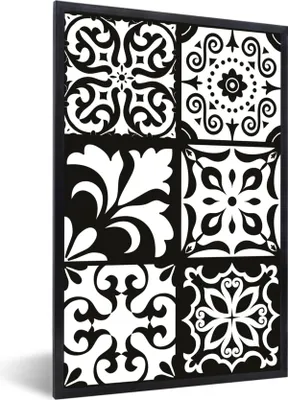 Produktbild von MuchoWow® Gerahmtes Poster Muster - Schwarz - Weiß - Blumen - Abstrakt 20x30 cm - Poster mit Schwarzem Bilderrahmen Wandposter Rahmen Foto Bilder - Drucken - Bilder Poster im Rahmen