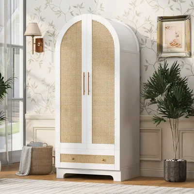 Productafbeelding van MODFU Garderobe met rotanlook, opbergkast met 2 deuren en 1 lade, schuifdeurkasten, moderne slaapkamerkast, 70x55x170cm, wit