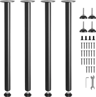 Four black table legs with adjustable feet and a set of screws and tools are displayed against a white background.