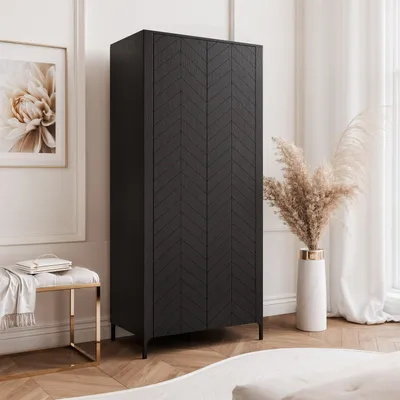 Produktbild von IDOHOME-Zweitüriger Drehtürenschränk LORIEN 90 cm mit Regalen und Kleiderstangen Schrank Garderobe Schwarz Soft-Close Fischgrätenmuster