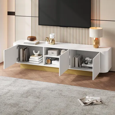Obrázok produktu pre STILVORA Moderný TV stolík so 4 úložnými priehradkami, bočná skrinka s vedením káblov a zaobleným dizajnom, TV stolík z MDF do obývačky, spálne alebo predsiene, biely