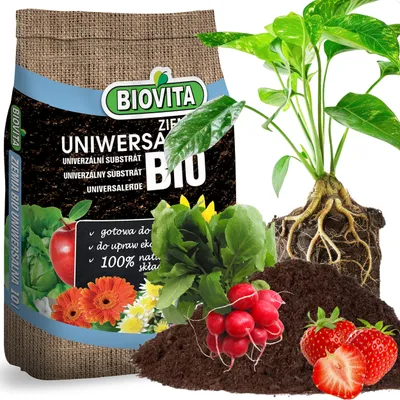 A bag of Biovita Universal Bio soil with various plants and fruits shown around it.