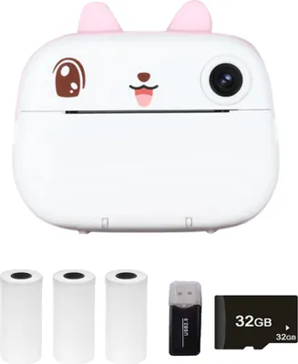 Obrázok produktu pre Detský fotoaparát, termálna tlačiareň okamžitá tlačiareň, 2,4'' obrazovka, duálny fotoaparát, 1080P video záznam, s 3 kotúčmi tlačového papiera + 32G pamäťová karta + čítačka kariet