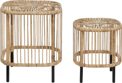 Produktbild von BELIANI Garten Beistelltisch 2er Set Naturfarben Rattan Quadratisch Geflochten Boho-Stil Couchtisch Wohnzimmertisch Sofatisch Outoor Terrasse Balkon