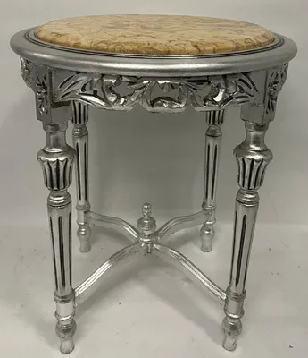 Runder Barock Beistelltisch mit Marmorplatte Silber Beige Round Baroque Side Table with Marble Top Silver Beige