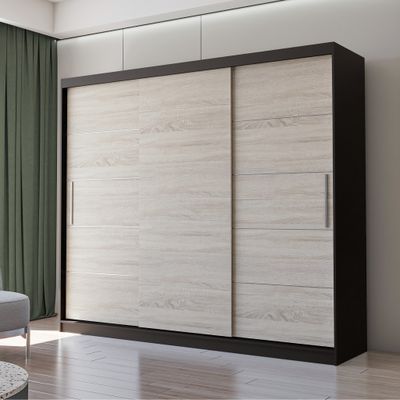 Schwebetürenschrank Kleiderschrank Schrank 250cm Schwarz/Sonoma Eiche ohne Siegel und LED-Beleuchtung  Alba