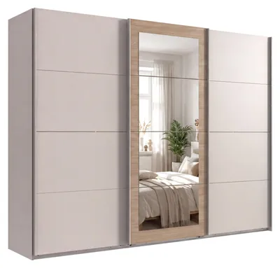 Productafbeelding van Schuifdeurenkast, 3 deuren, garderobekast, 270 cm, beige/grijs, eikenhoutdecor, met spiegel / 22628
