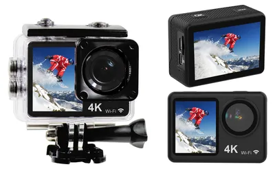 A collage of action cameras, one in a waterproof case with a mount, and two others shown separately.