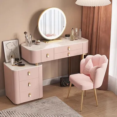 Immagine prodotto di Set da trucco con specchio e sgabello, colore rosa, 80 cm