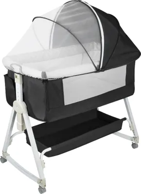Produktbild von Babybett mit Wickeltisch 6-stufig verstellbares Beistellbett Stubenwagen mit Rollen &  Moskitonetz 90x50x110cm Schwarz