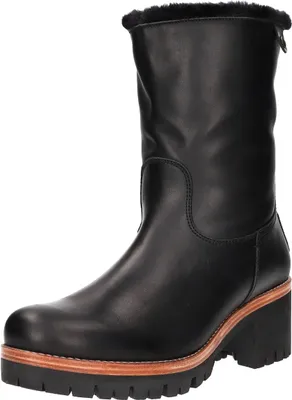 A studio shot of a single black winter boot.