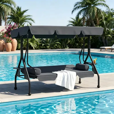 Image de Balançoire de jardin JOIEYOU 3 places 2-en-1 avec fonction allongée, auvent, résistante aux intempéries et stable, pour 3 personnes jusqu'à 350 kg, anthracite