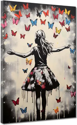Produktbild von Mädchen abstrakt Schmetterlinge Street Art Leinwandbild Wandbild Kunstdruck XL: 120x160x4cm