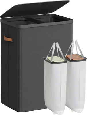 Obrázek produktu pro Koš na prádlo o objemu 170 litrů – sběrný koš na prádlo – třídič – 2 přihrádky – rozměry 56 x 40 x 75 cm – černá barva – odolný polyester