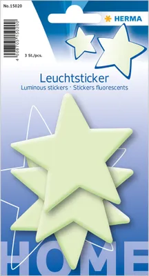 A package of luminous star stickers on a blue and white background.