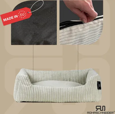 Collage showing details of a dog bed, including its material, zipper, and the bed itself.