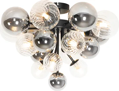 Produktbild von QAZQA - Art Deco Deckenleuchte I Deckenlampe I Lampe I Leuchte schwarz mit Rauchglas und klarem Glas 10-flammig - Bonnie I Wohnzimmer I Schlafzimmer - Rund - LED geeignet G9