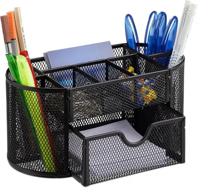 Produktbild von PolkaHome® Metallener Stiftehalter mit Schublade, Schreibtisch-Organizer, 4 Fächer, schwarz, HxBxT: 10,5 x 22 x 11 cm