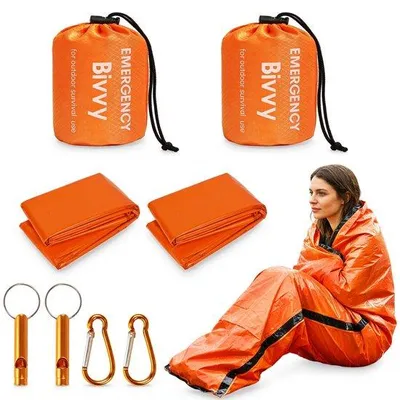 Productafbeelding van 2 stuks Noodslaapzak, Survival Bivakzak, Reddingsdeken met Karabijnhaak en Signaalfluitje, Overlevingsuitrusting voor Outdoor, Camping