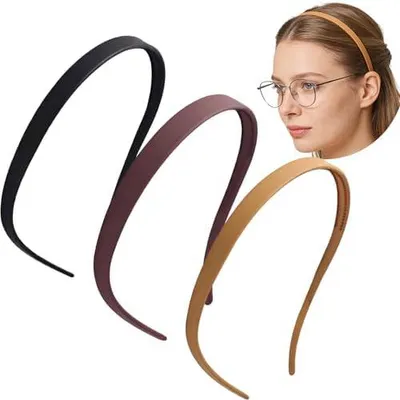 Produktbild von 3 Stück Damen-Haarreifen ohne Druck, ohne Kopfschmerzen für Brillenträger, rutschfeste und bequeme Stirnbänder für Sport und Alltag, dünne einfarbige Satin-Haarreifen aus Kunststoff mit Zähnen