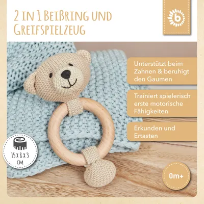 Produktbild von Bieco Greifling Baby Rassel | Ø 8cm, Länge 14cm | Niedliche Bär Häkel Rassel mit Holz Ring | Baby Greifling Rassel für Junge & Mädchen | Bärchen Greifling Gehäkelt mit Rassel | Greifringe Baby