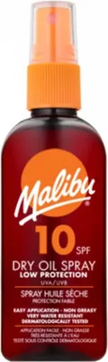 Produktbild von Malibu trockenes Öl Spray SPF10 100 ml wasserfest mit UVA UVB Filtern und Vitamin zum Bräunen der Haut