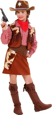 A young girl dressed in a cowgirl costume, holding a toy gun.