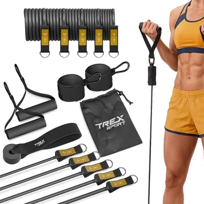 Produktbild von TREX SPORT Expander Gymnastikband 5er Set TX-050TS Widerstandsband | Fitnessband 4,6-22,8 kg, mit Türanker, Knöchelriemen | Resistance Band grau