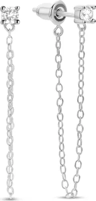 Produktbild von Neu Bling 9NB-1043 Silberne Ohrstecker mit Zirkonia und Kette - 3mm - Weiß - Länge 33mm - Rhodium - Silber