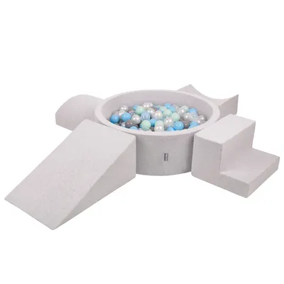 Obrázek produktu pro KiddyMoon pěnové hřiště pro děti s kulatým míčkem (200 ∅ 7cm), měkká překážková dráha a Kulatý bazén s míčky, certifikováno  EU, Světle šedá:Perla/Šedá/Průhledný/Babyblue/Máta, Verze 5