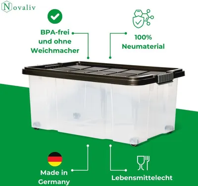 Produktbild von Novaliv Aufbewahrungsbox mit Deckel Groß 45L Anthrazit Nestbar stapelbare Plastikbox mit Clipverschluss Eurobox mit Deckel BPA-frei 61x40x26 cm
