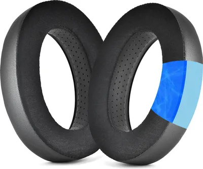 Two black ear pads for headphones are shown against a white background. One ear pad is cut away to reveal its internal layers, including a blue gel layer.