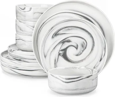 Image de MALACASA, 12 pcs. vaisselle en porcelaine service combiné service de table avec 4 assiettes à manger, 4 assiettes à dessert, 4 bols, gris marbre