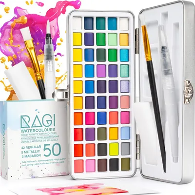 Produktbild von RAGI Aquarellfarben Set 50 Farben Malkasten Tuschkasten Wasserfarbkasten mit Wassertankpinsel Pinsel Set Künstler Aquarell Deckfarbkasten für Kinder