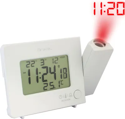 A white digital alarm clock with a projection feature displaying the time.