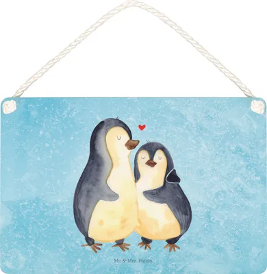 Produktbild von Mr. & Mrs. Panda Schild Pinguin umarmen DIN A5 - Eisblau - Geschenk, Liebe, Umarmung Verliebt, Hochzeitstag, Türschild, holzbild, Hochzeitsgeschenk, Wandbild Holz
