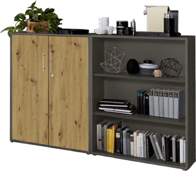 Produktbild von Aktenschrank TABOR 1 niedrig in anthrazit / Artisan Eiche, Schrankwand, Büroschrank, abschließbar, Metallgriffe