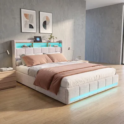 Image de Lit coffre INONEFT 180x200 cm avec espace de rangement, lit pour adolescents avec 4 tiroirs, ports USB et Type-C, lit double avec sommier à lattes et éclairage LED, en lin, couleur beige