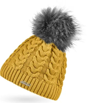 Produktbild von Damen Strick-Mütze gefüttert Fell-Bommel Kunstfell Bommelmütze Fleece-Innenfutter Zopfstrickmuster Neverless® senfgelb